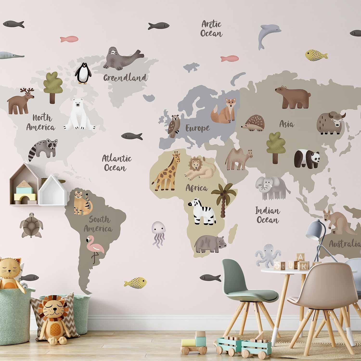 Fototapet - Pastel Map - Animals and Continents for Children's Room-Fototapeter-Artgeist-peaceofhome.se