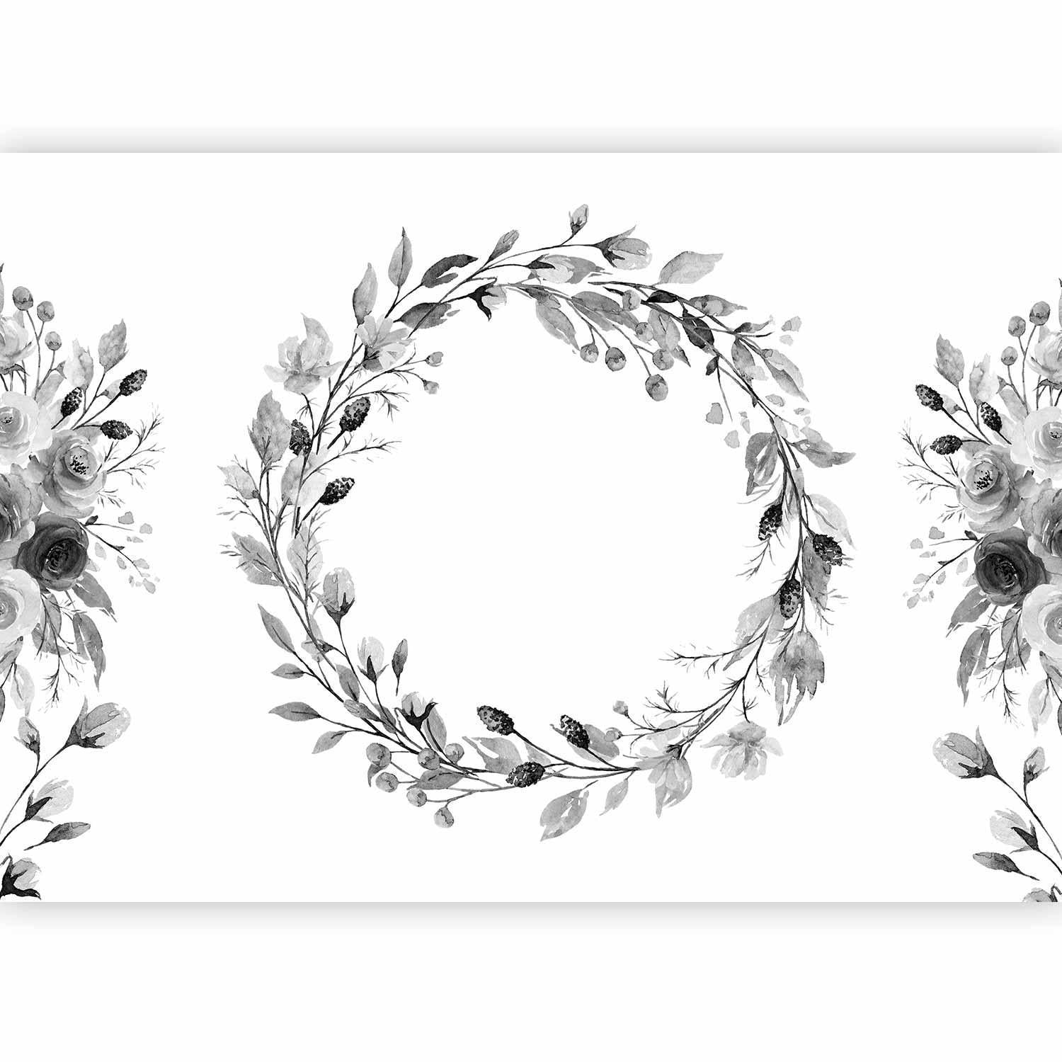 Fototapet - Romantic wreath - grey plant motif with leaves with rose pattern-Fototapeter-Artgeist-peaceofhome.se