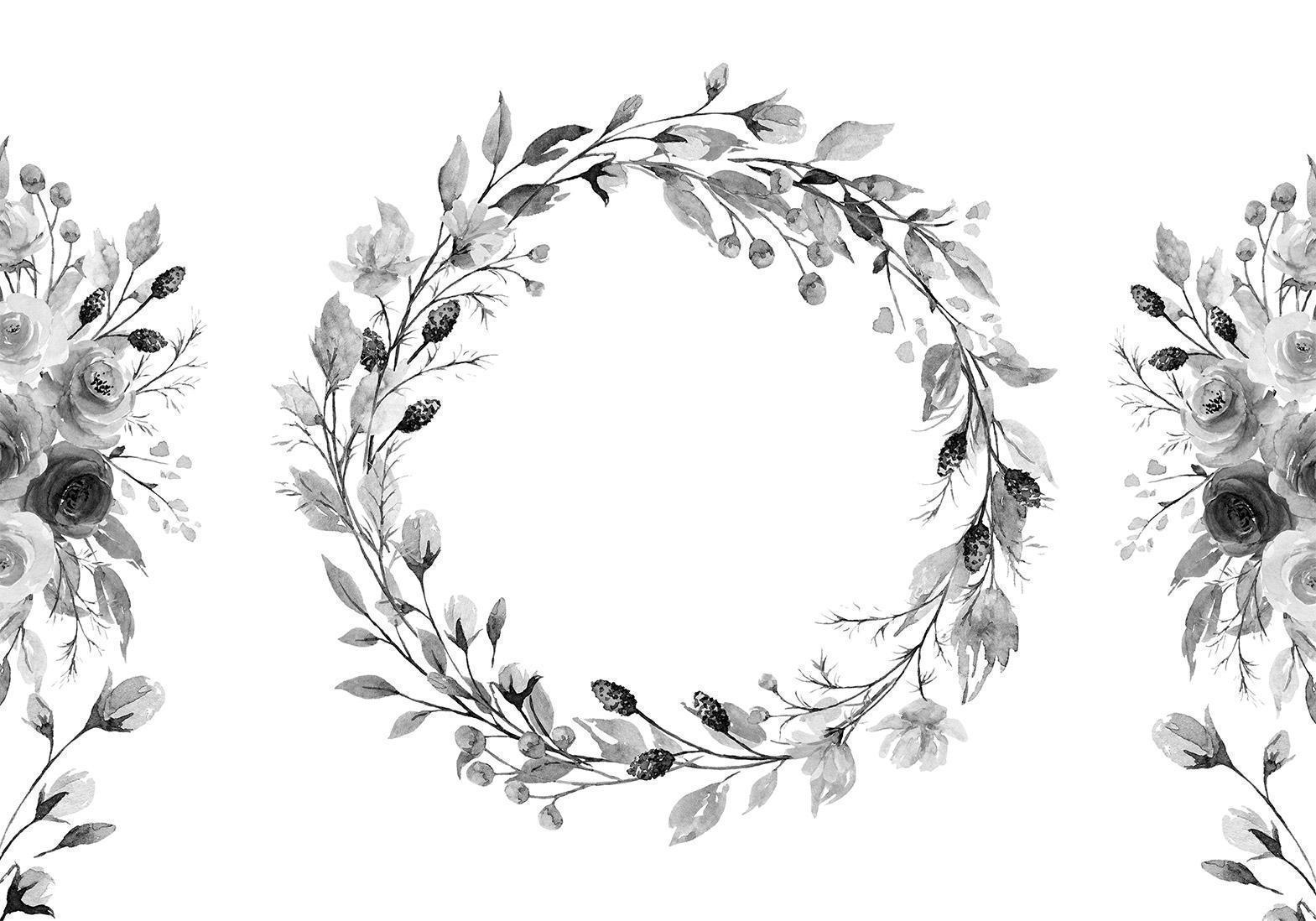 Fototapet - Romantic wreath - grey plant motif with leaves with rose pattern-Fototapeter-Artgeist-peaceofhome.se