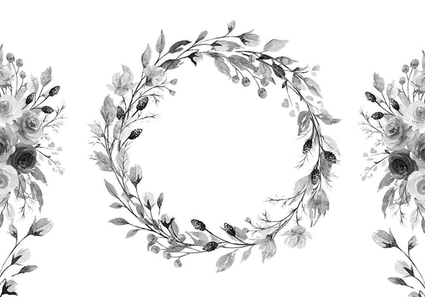 Fototapet - Romantic wreath - grey plant motif with leaves with rose pattern-Fototapeter-Artgeist-peaceofhome.se