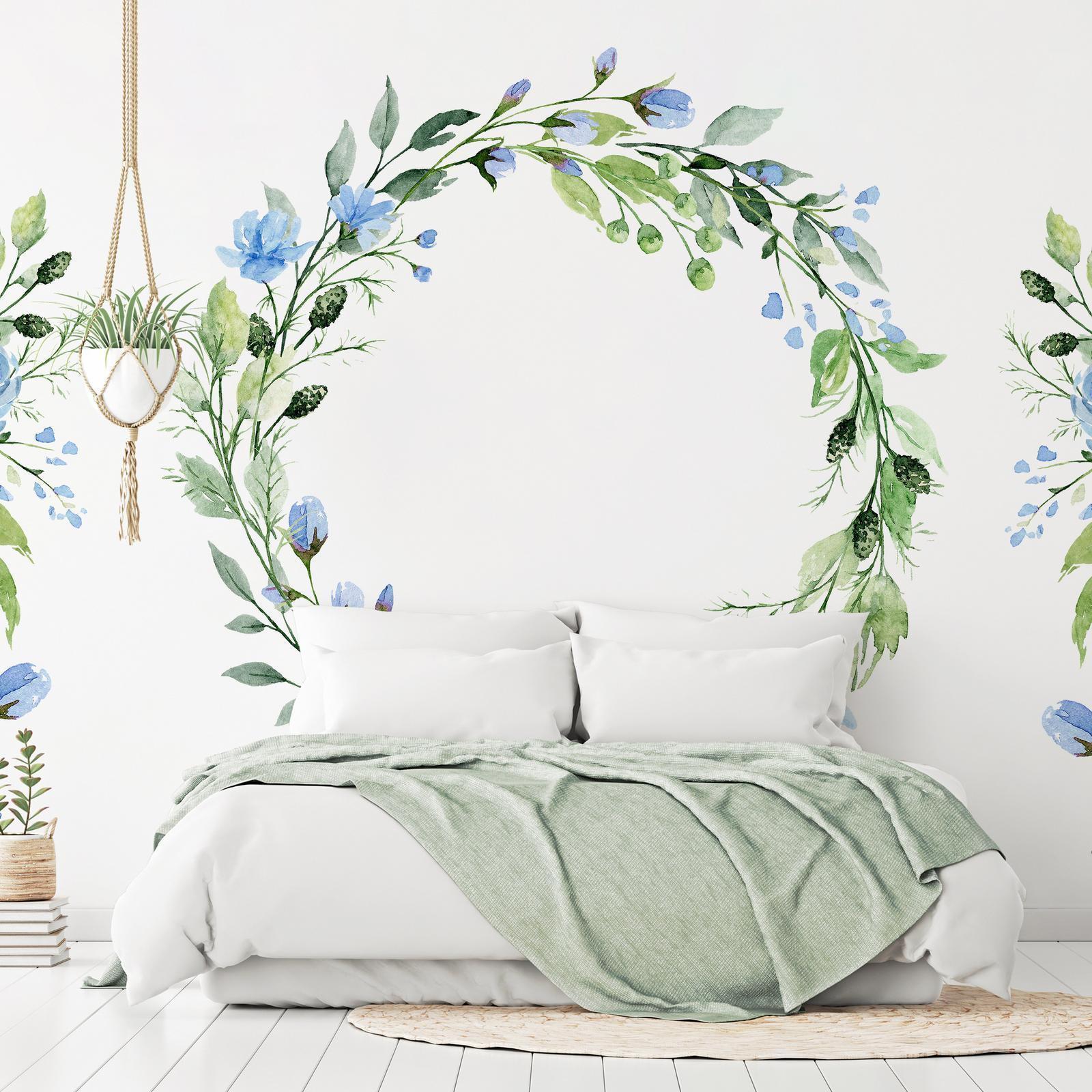Fototapet - Romantic wreath - plant motif with blue flowers and leaves-Fototapeter-Artgeist-peaceofhome.se