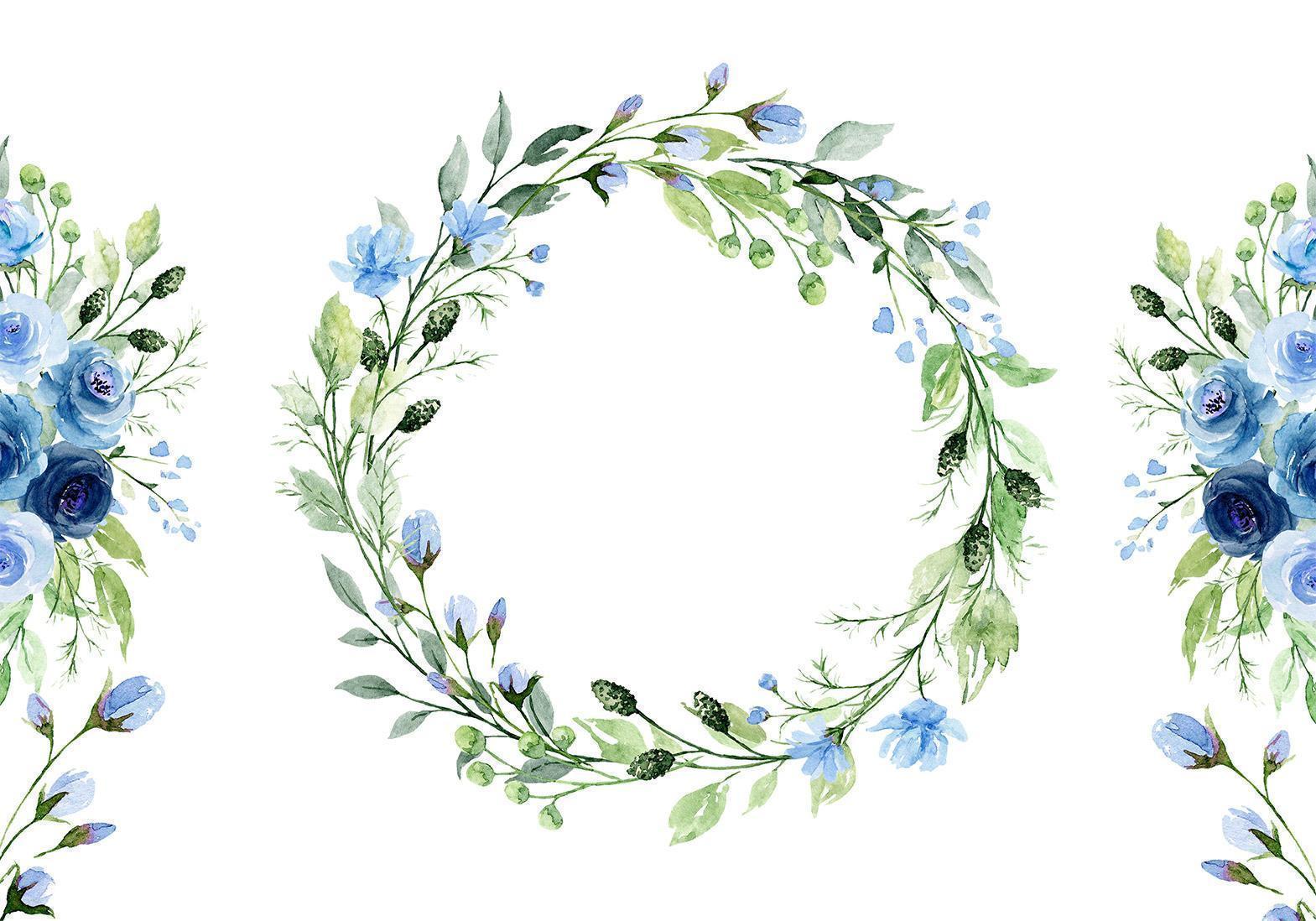 Fototapet - Romantic wreath - plant motif with blue flowers and leaves-Fototapeter-Artgeist-peaceofhome.se