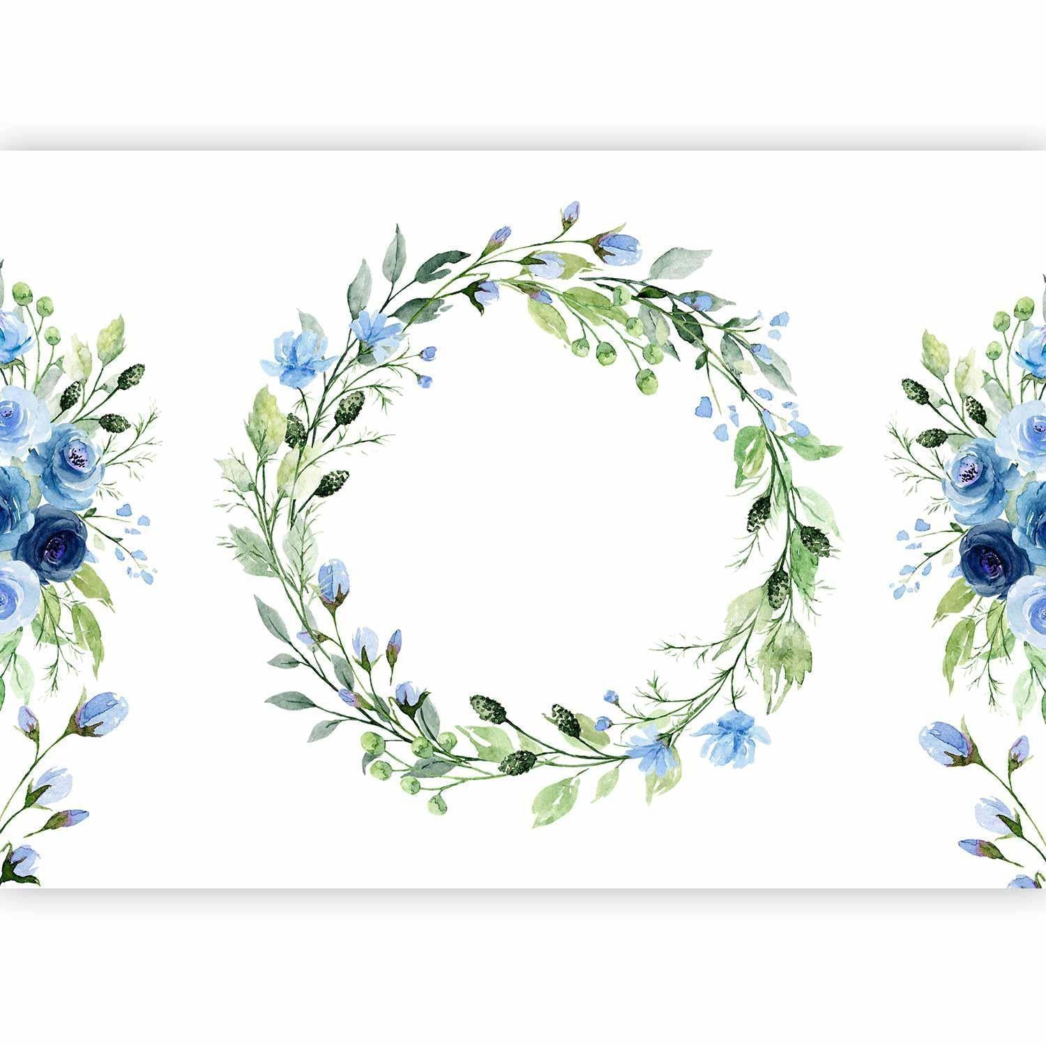 Fototapet - Romantic wreath - plant motif with blue flowers and leaves-Fototapeter-Artgeist-peaceofhome.se