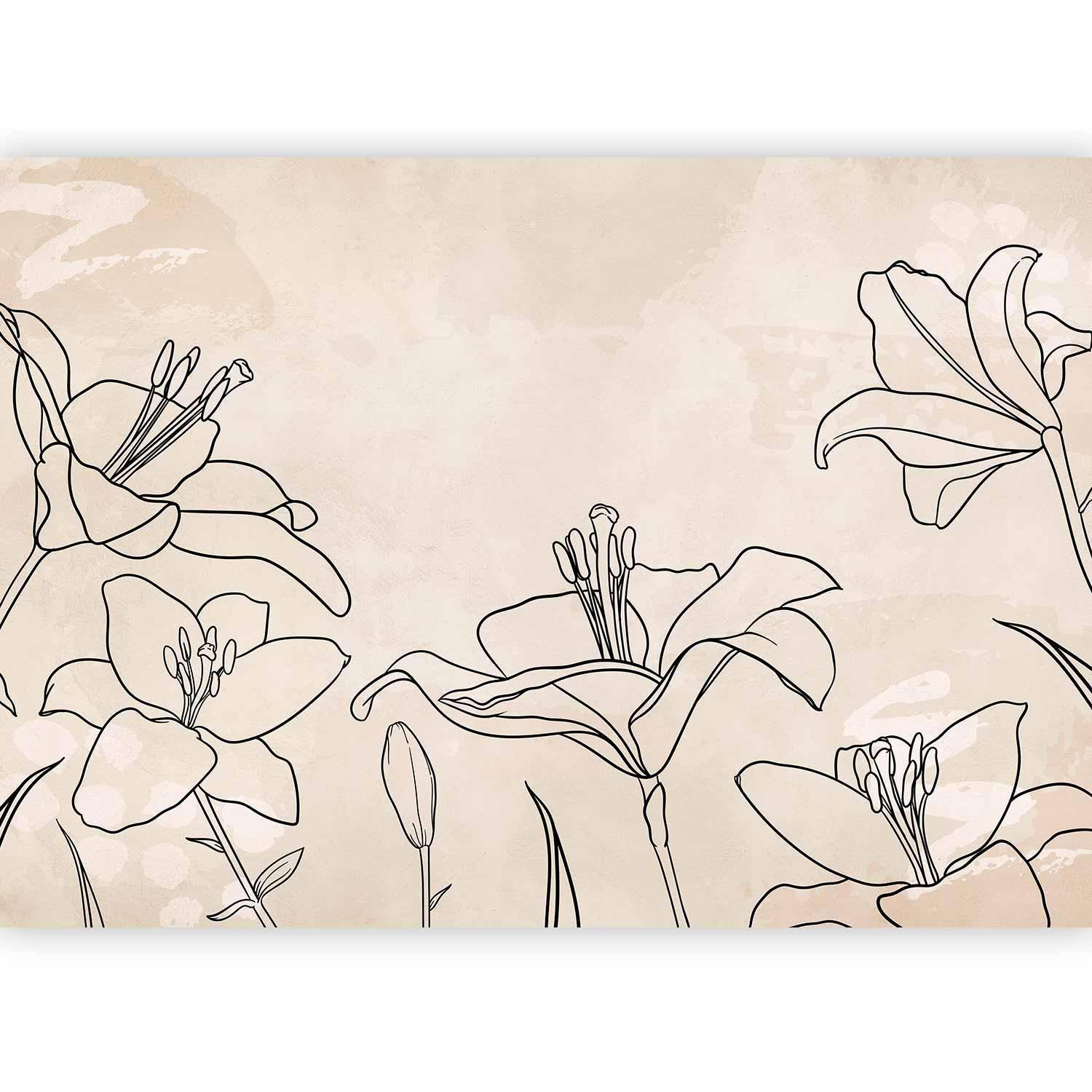 Fototapet - Sketch of nature - minimalist lineart with lily flowers on a beige background-Fototapeter-Artgeist-peaceofhome.se