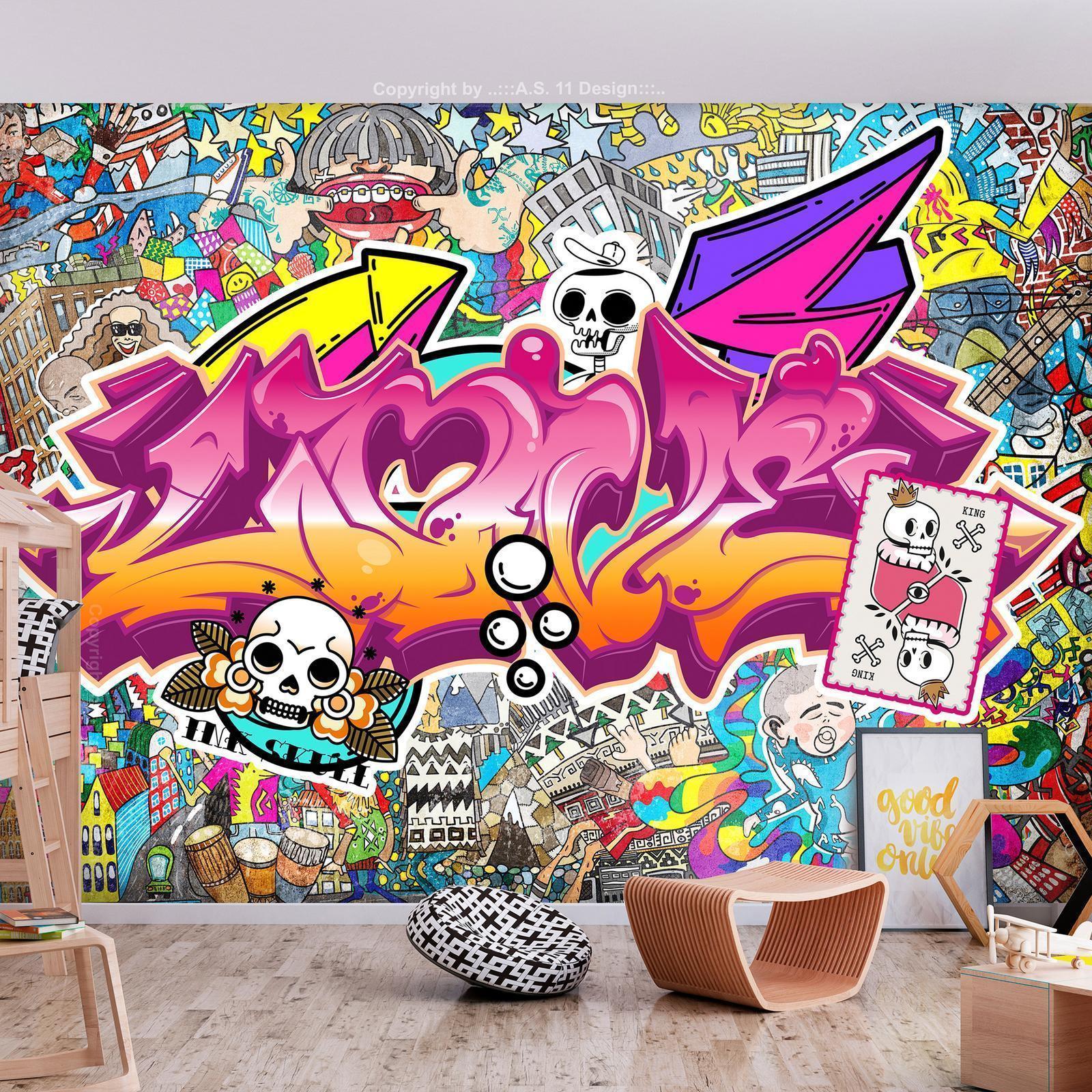 Fototapet - Street art - abstract urban colour graffiti mural with lettering-Fototapeter-Artgeist-peaceofhome.se