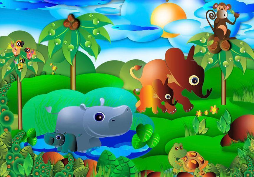 Fototapet - Wild Animals in the Jungle - Elephant, monkey, turtle with trees for children-Fototapeter-Artgeist-peaceofhome.se