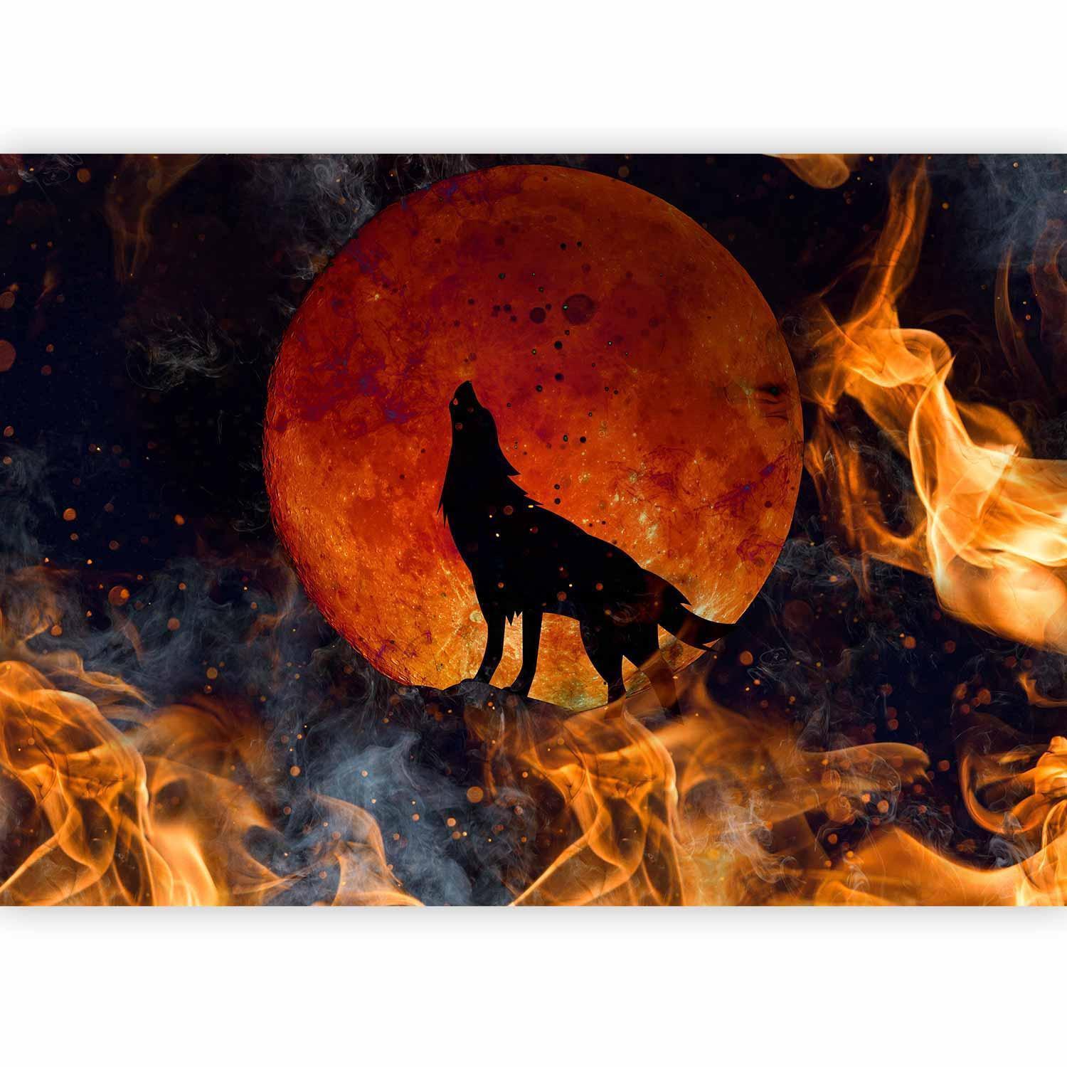 Fototapet - Wild nature - wolf on a background of a red moon in flames of fire-Fototapeter-Artgeist-peaceofhome.se