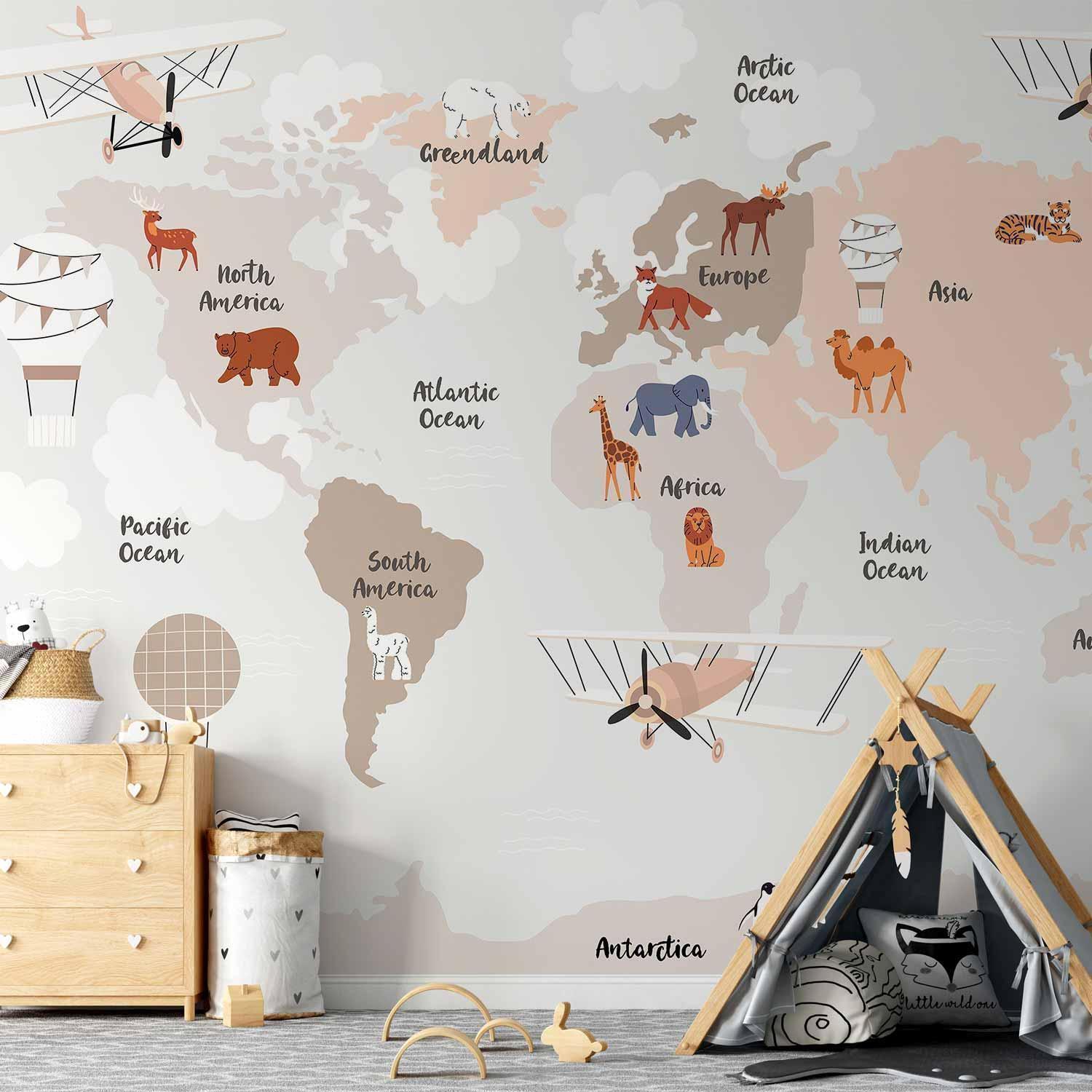 Fototapet - World Map in Beige Tones for Children's Room-Fototapeter-Artgeist-peaceofhome.se