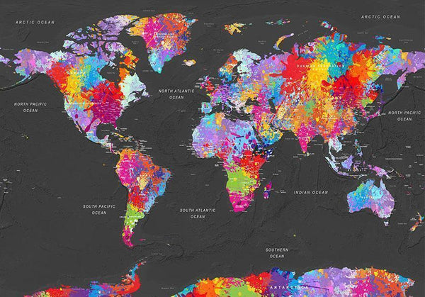 Fototapet - World map - coloured continents with names in English on a grey background-Fototapeter-Artgeist-peaceofhome.se