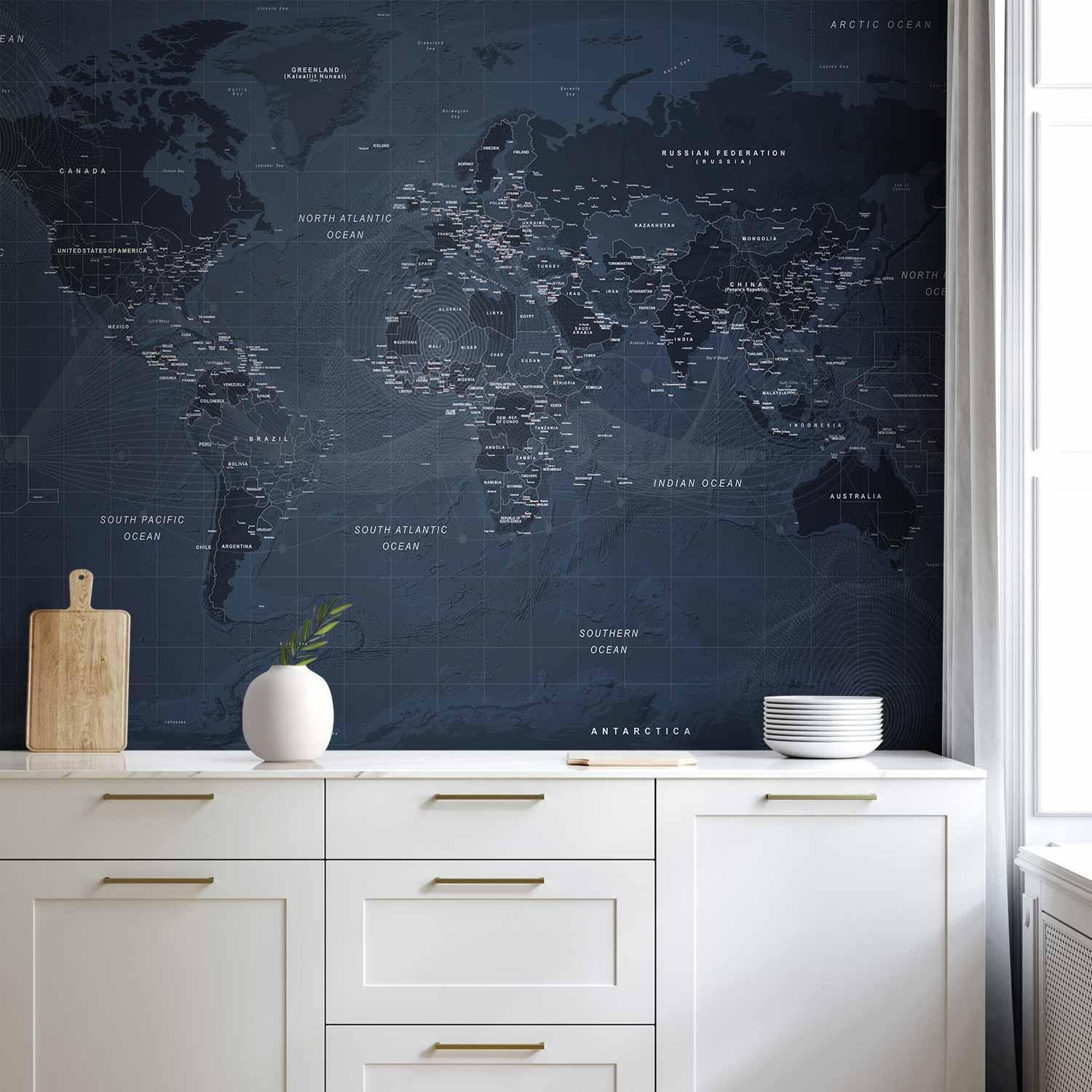 Fototapet - World map in blue - continents with inscriptions in English-Fototapeter-Artgeist-peaceofhome.se