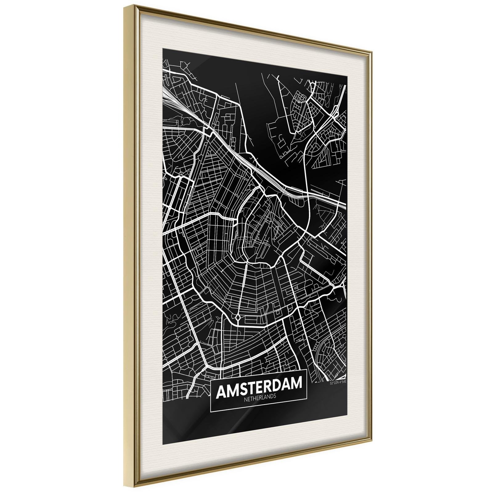 Inramad Poster / Tavla - City Map: Amsterdam (Dark)-Poster Inramad-Artgeist-peaceofhome.se