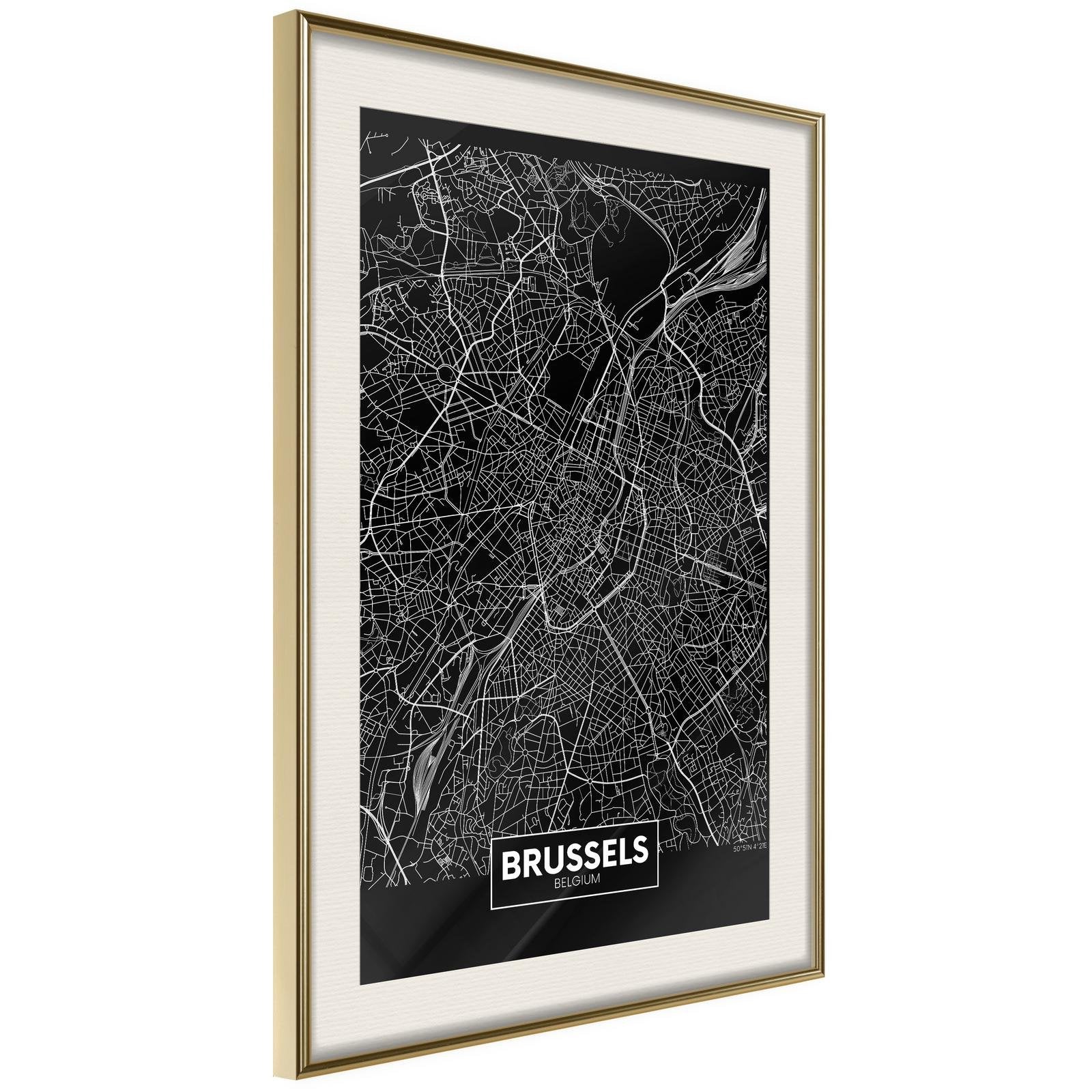 Inramad Poster / Tavla - City Map: Brussels (Dark)-Poster Inramad-Artgeist-peaceofhome.se