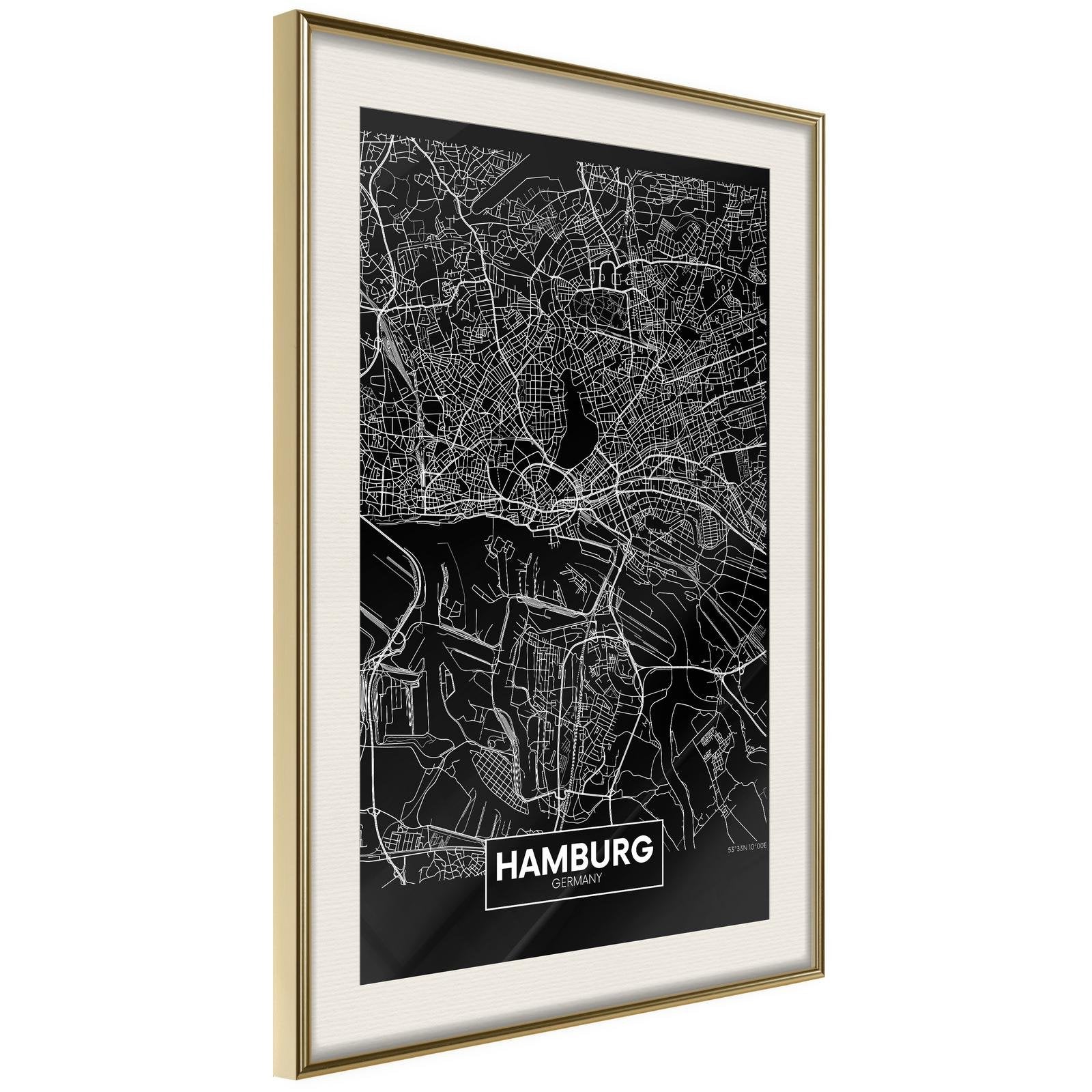 Inramad Poster / Tavla - City Map: Hamburg (Dark)-Poster Inramad-Artgeist-peaceofhome.se