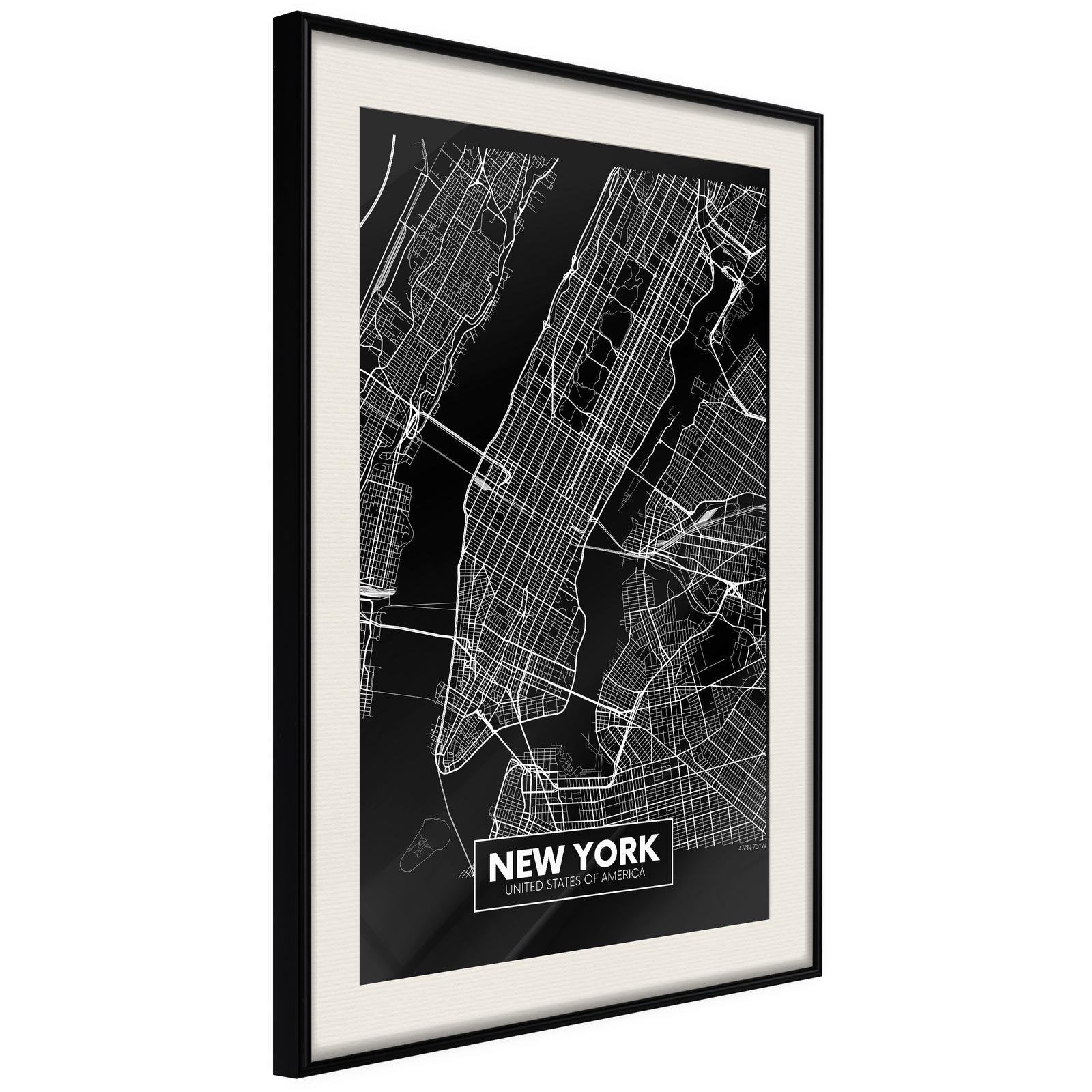 Inramad Poster / Tavla - City Map: New York (Dark)-Affisch-Artgeist-peaceofhome.se