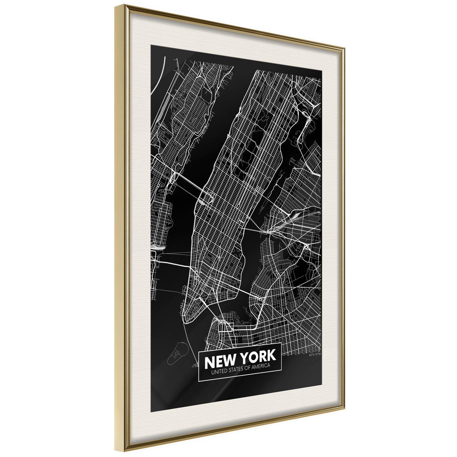 Inramad Poster / Tavla - City Map: New York (Dark)-Affisch-Artgeist-peaceofhome.se