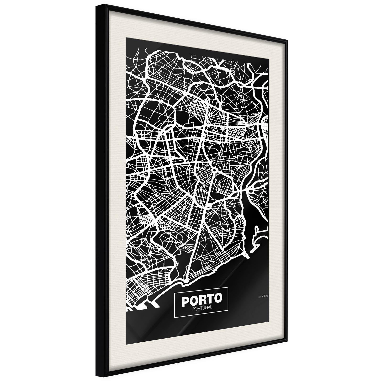 Inramad Poster / Tavla - City Map: Porto (Dark)-Affisch-Artgeist-peaceofhome.se