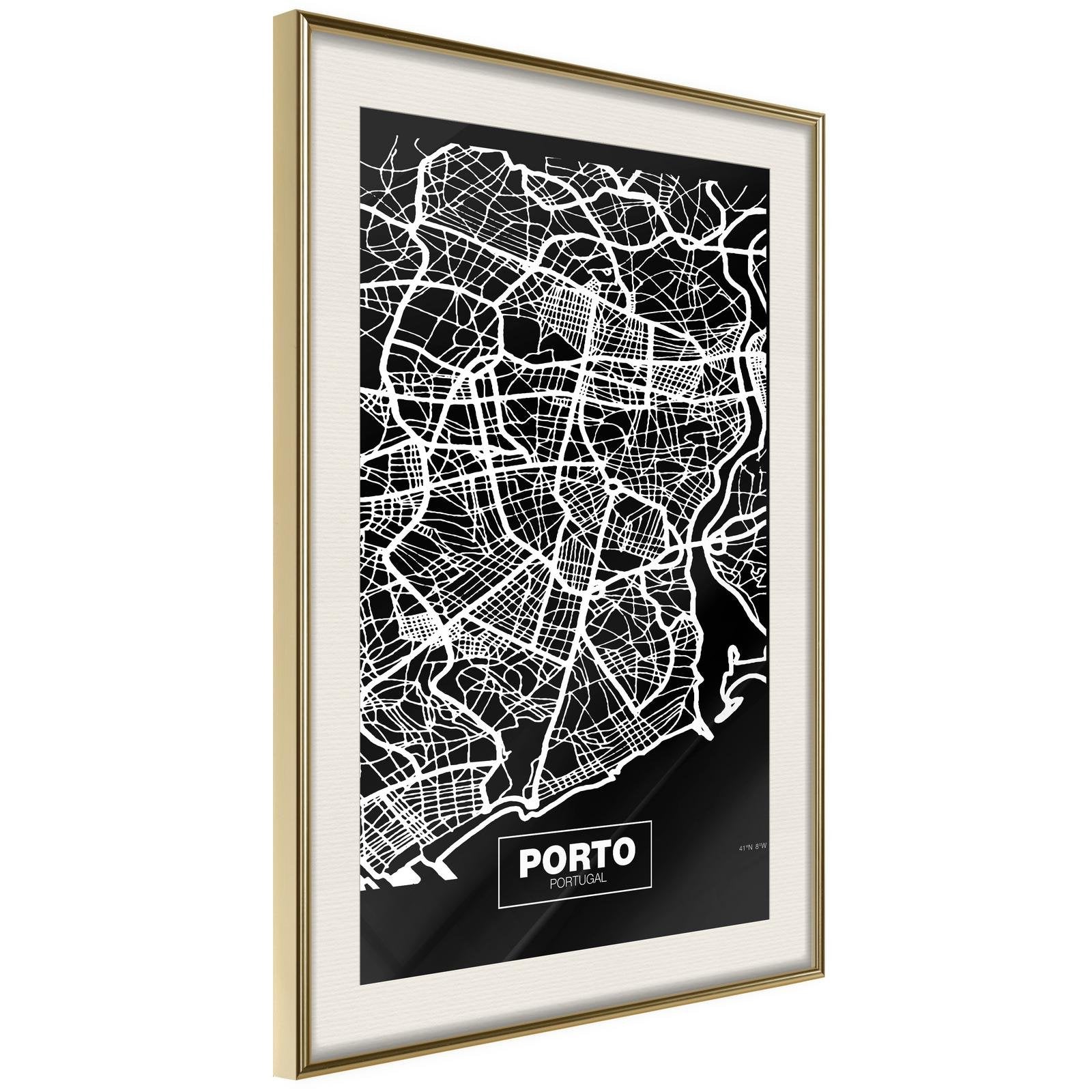 Inramad Poster / Tavla - City Map: Porto (Dark)-Affisch-Artgeist-peaceofhome.se