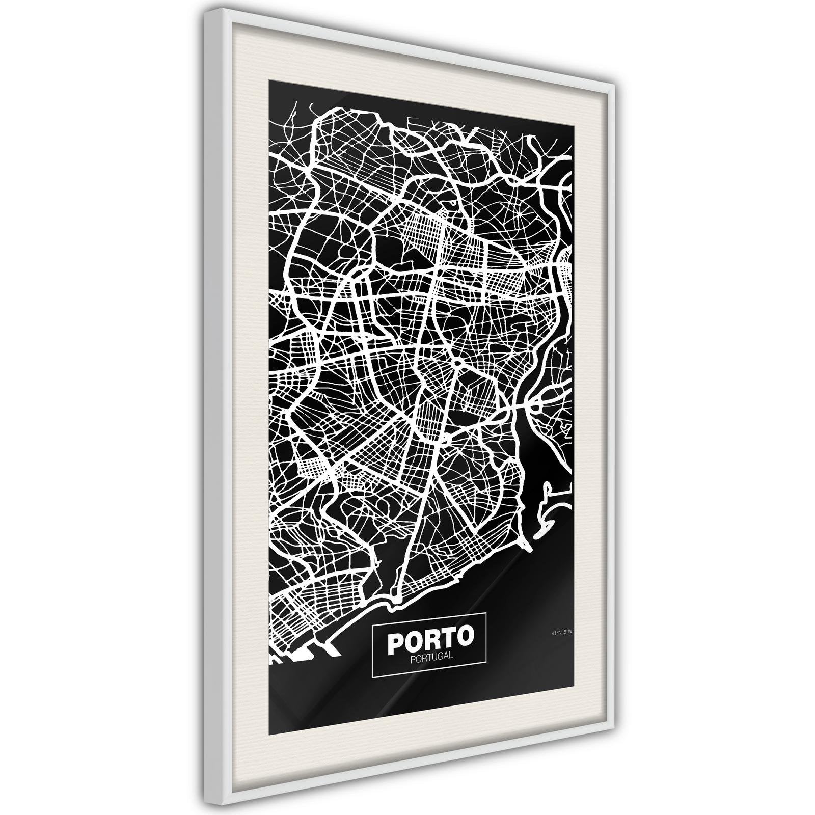 Inramad Poster / Tavla - City Map: Porto (Dark)-Poster Inramad-Artgeist-peaceofhome.se