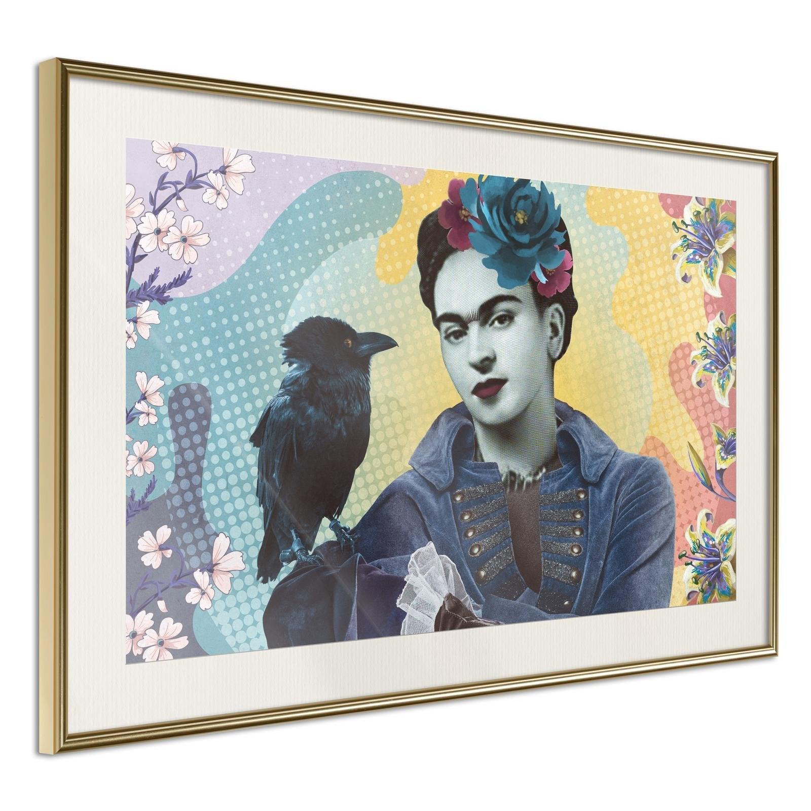 Inramad Poster / Tavla - Frida with a Raven-Poster Inramad-Artgeist-30x20-Guldram med passepartout-peaceofhome.se