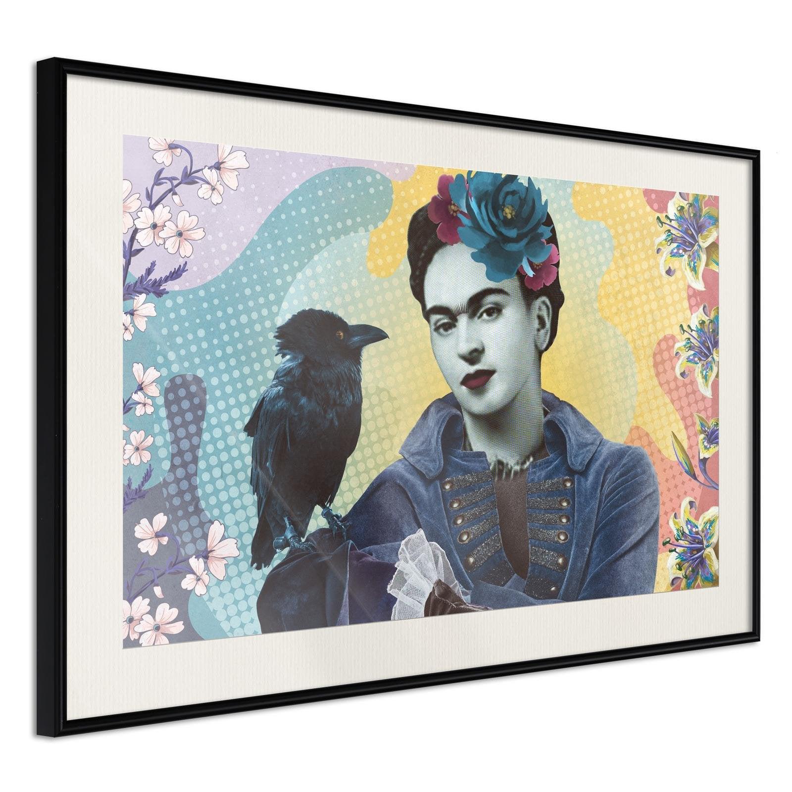 Inramad Poster / Tavla - Frida with a Raven-Poster Inramad-Artgeist-30x20-Svart ram med passepartout-peaceofhome.se