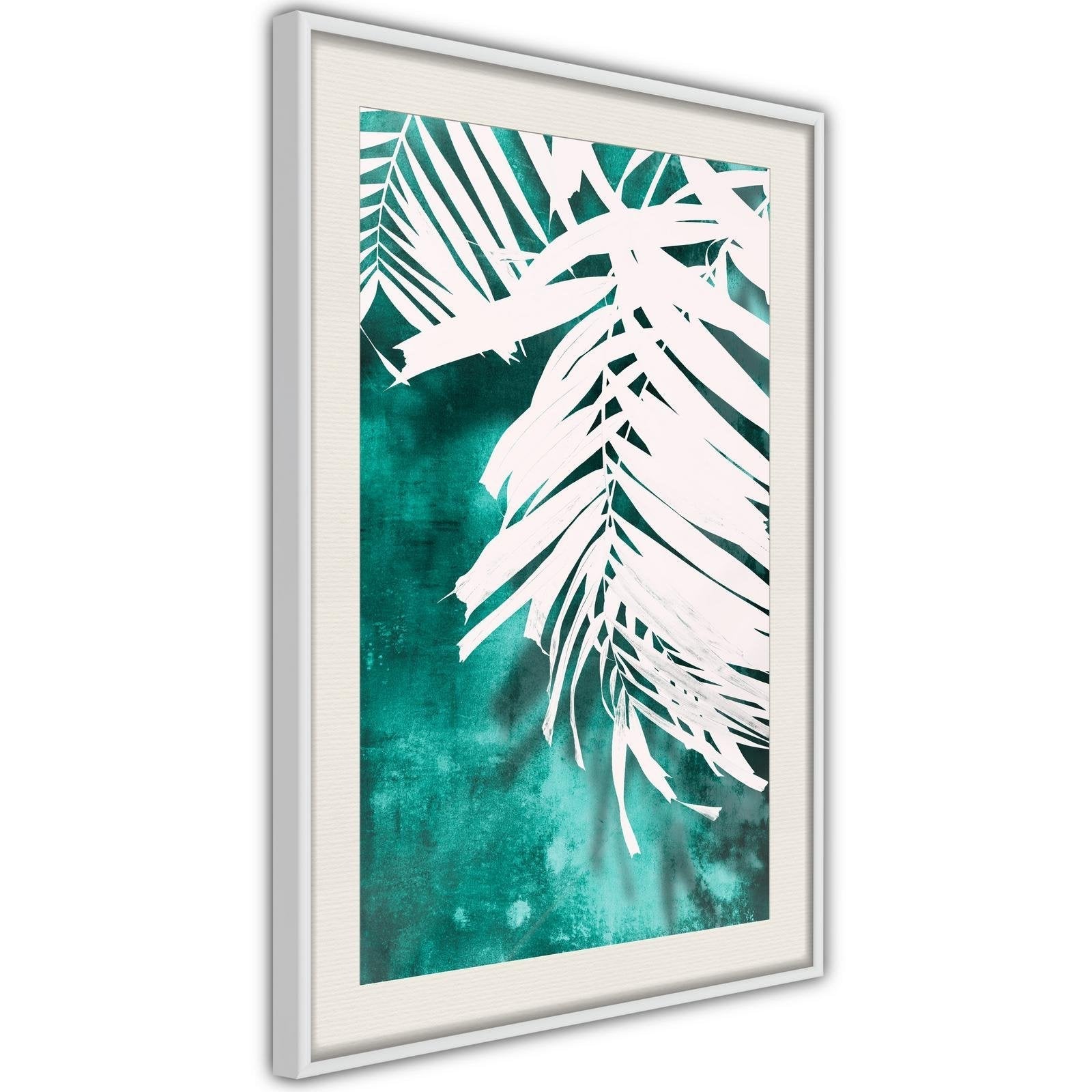 Inramad Poster / Tavla - White Palm on Teal Background-Poster Inramad-Artgeist-peaceofhome.se