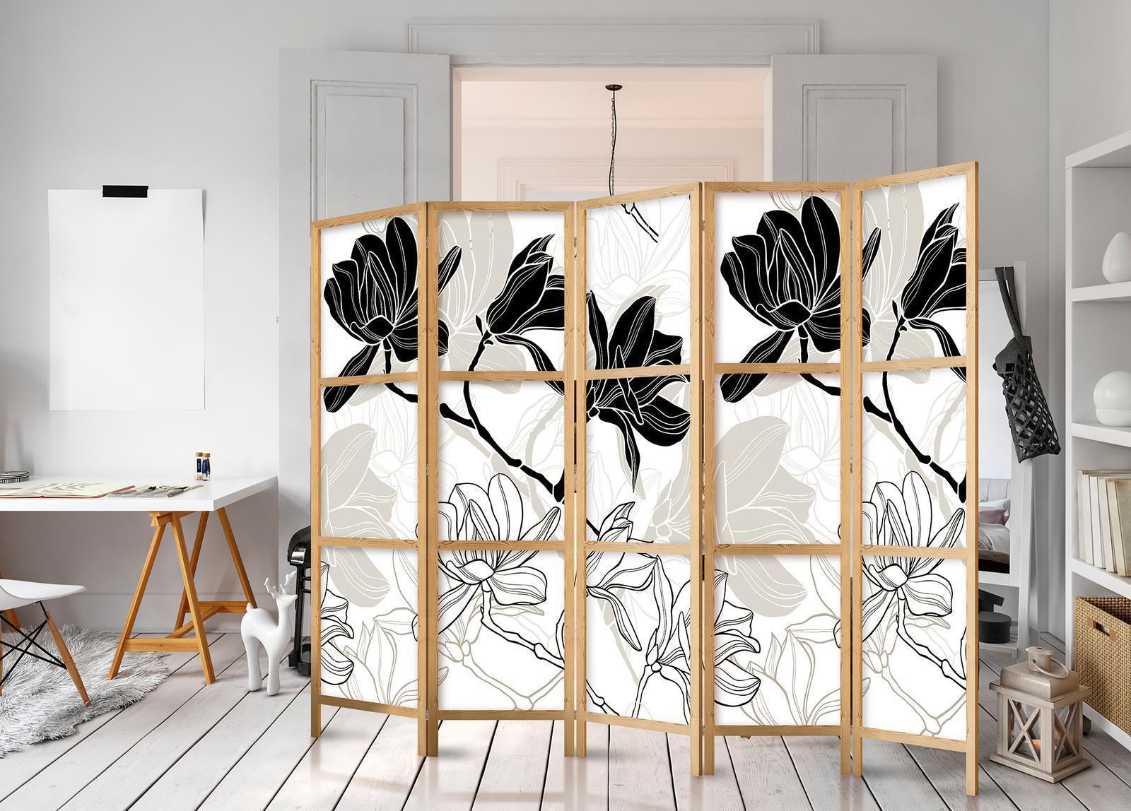 Japansk rumsavdelare - Black and White Flowers II-Japanska rumsavdelare-Artgeist-peaceofhome.se
