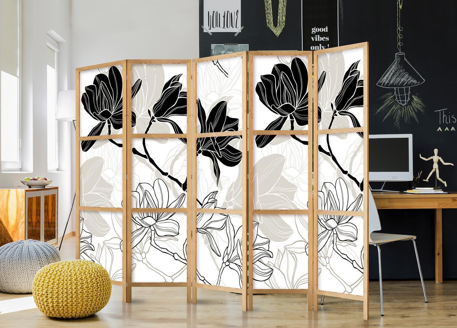 Japansk rumsavdelare - Black and White Flowers II-Japanska rumsavdelare-Artgeist-peaceofhome.se