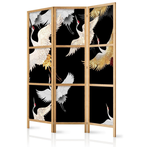 Japansk rumsavdelare - Cranes at Night - White and Gold Birds Flying Away on a Black Background-Japanska rumsavdelare-Artgeist-peaceofhome.se