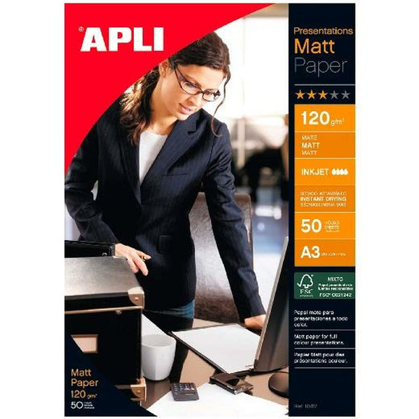 Matt fotografiskt papper Apli Vit A3 50 Blad (50 antal)-Kontor och Kontorsmaterial, Pappersprodukter för kontoret-Apli-peaceofhome.se
