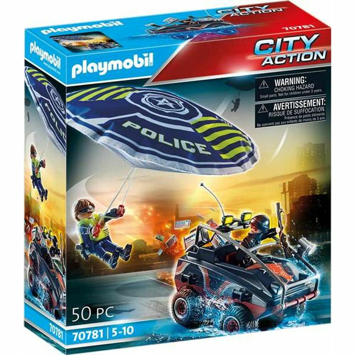 Playset Playmobil City Action Police Parachute with Amphibious Vehicle 70781 (50 pcs)-Leksaker och spel, Dockor och actionfigurer-Playmobil-peaceofhome.se