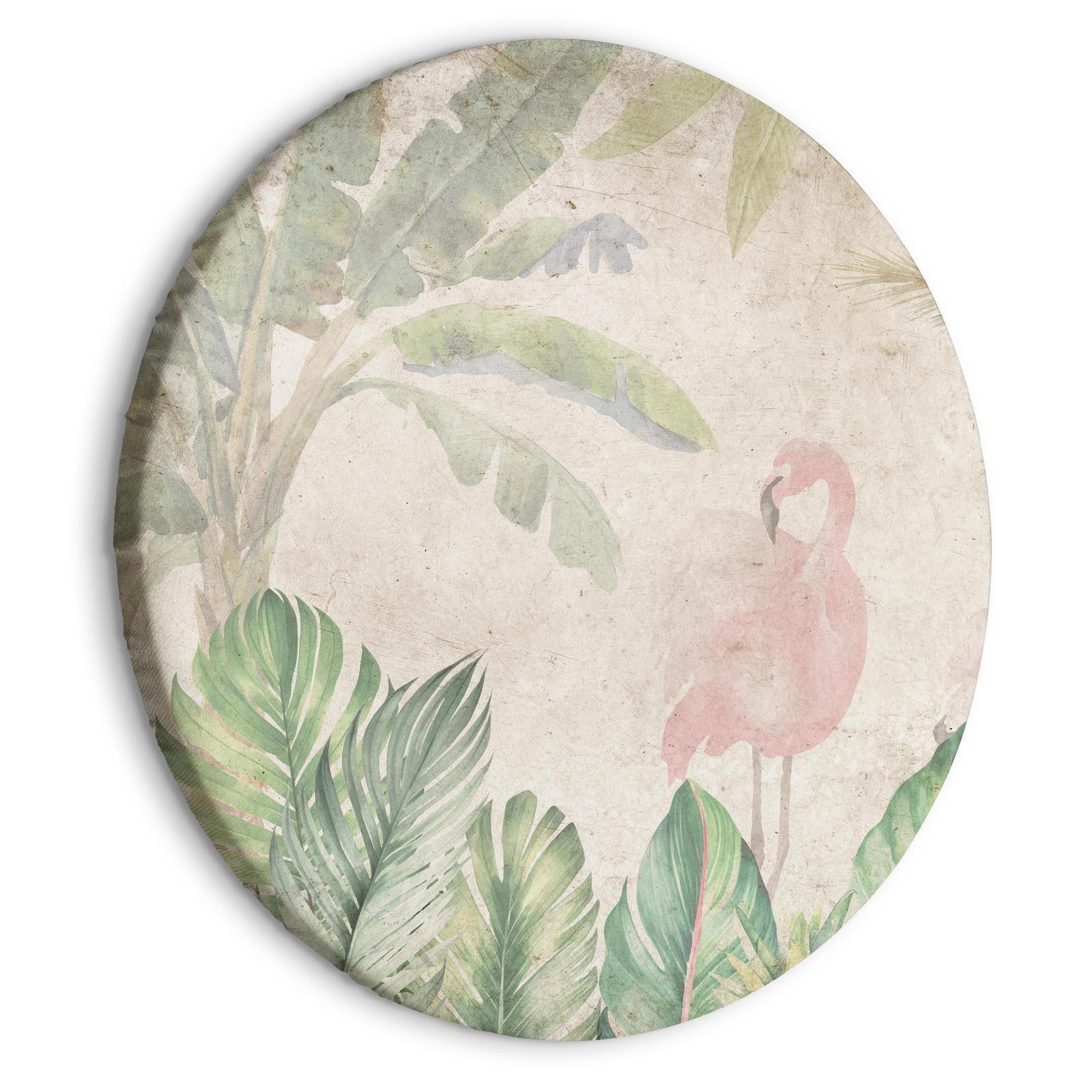 Rund tavla - Birds wading among exotic flora - Flamingos amidst lush tropical vegetation in soft pastel shades of green/Birds in the jungle-Runda tavlor-Artgeist-peaceofhome.se