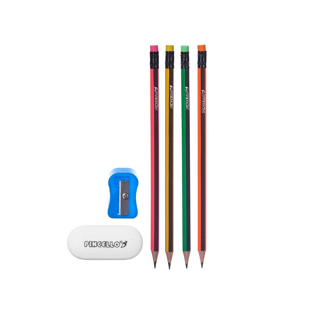 Set med pennor Pincello 476 476 Gul Röd Grön Rosa Pennvässare Suddgummi (12 antal)-Kontor och Kontorsmaterial, konst och hantverk-Pincello-peaceofhome.se