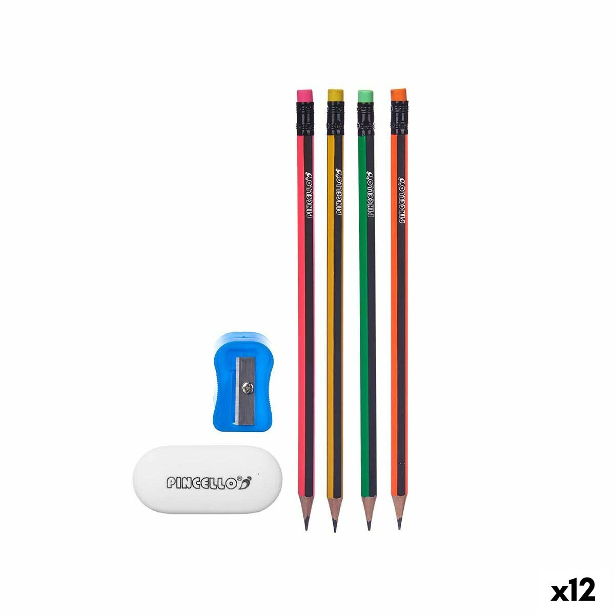 Set med pennor Pincello 476 476 Gul Röd Grön Rosa Pennvässare Suddgummi (12 antal)-Kontor och Kontorsmaterial, konst och hantverk-Pincello-peaceofhome.se