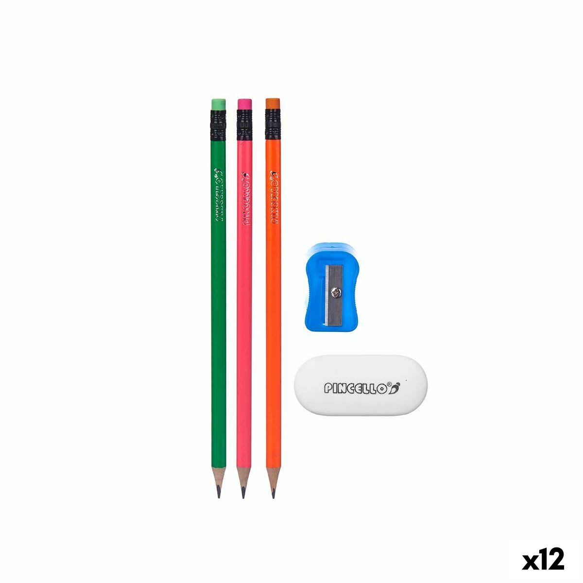 Set med pennor Pincello 477 477 Blå Röd Grön Orange Pennvässare Suddgummi (12 antal)-Kontor och Kontorsmaterial, konst och hantverk-Pincello-peaceofhome.se