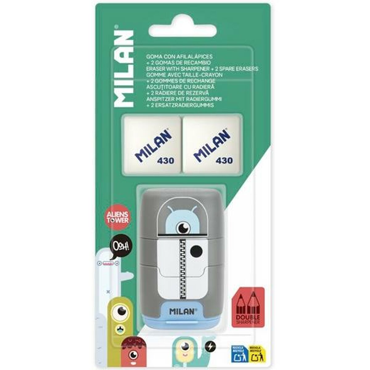 Set med suddgummi och pennvässare Milan COMPACT ALIENS Multicolour 3 Delar (12 antal)-Kontor och Kontorsmaterial, Kulspetspennor, pennor och skrivverktyg-Milan-peaceofhome.se