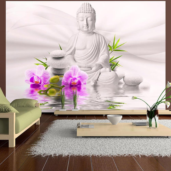 Självhäftande Fototapet - Buddha and pink orchids-Fototapet Självhäftande-Artgeist-98x70-peaceofhome.se
