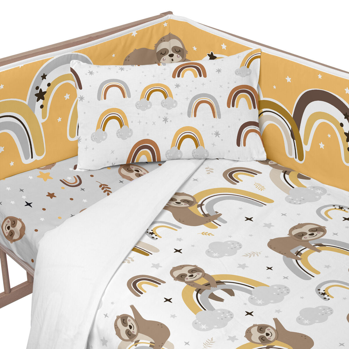 Skydd till spjälsäng HappyFriday Moshi Moshi Sleepy sloth Multicolour 210 x 40 cm-Bebis, Sovrum-HappyFriday-peaceofhome.se