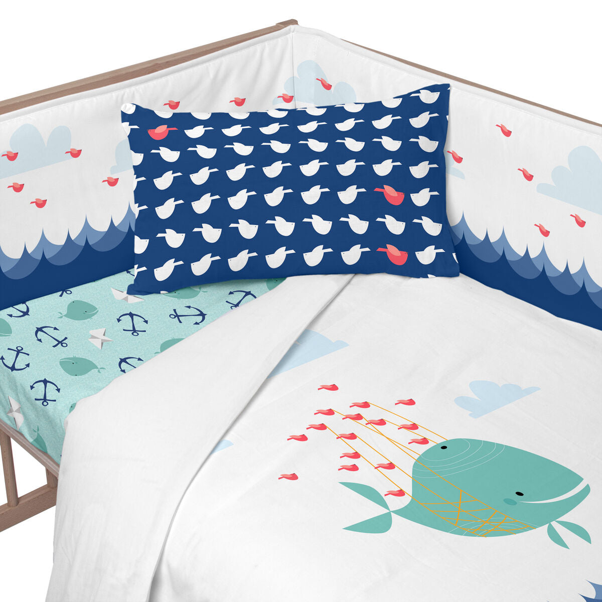 Skydd till spjälsäng HappyFriday Moshi moshi Whale Multicolour 210 x 40 cm-Bebis, Sovrum-HappyFriday-peaceofhome.se