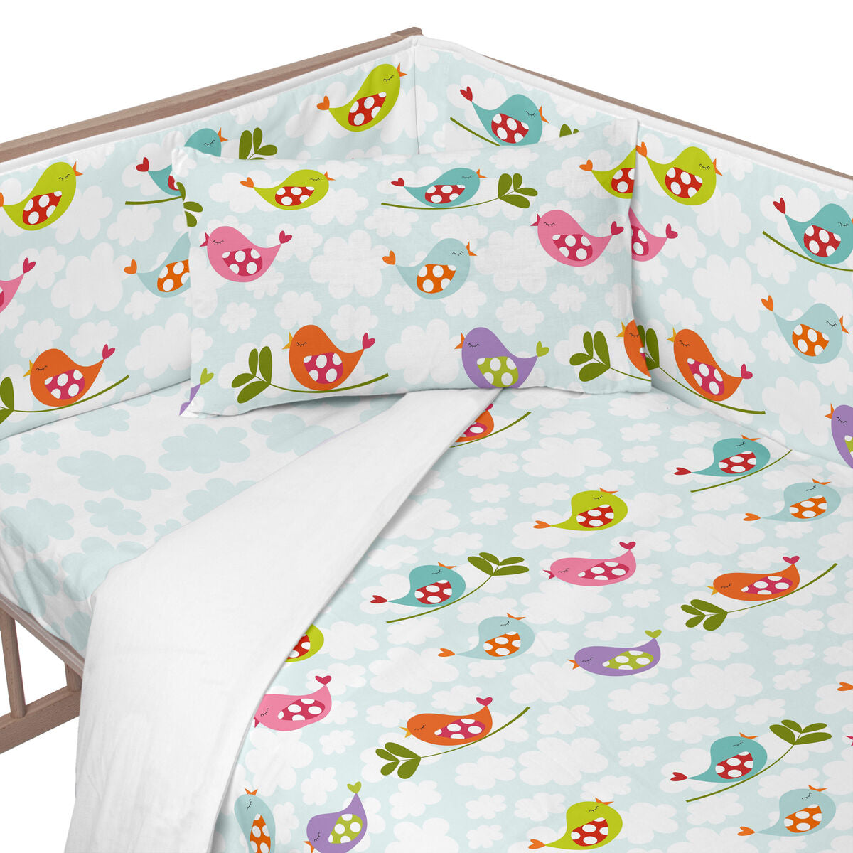 Skydd till spjälsäng HappyFriday Mr Fox Little birds Multicolour 210 x 40 cm-Bebis, Sovrum-HappyFriday-peaceofhome.se