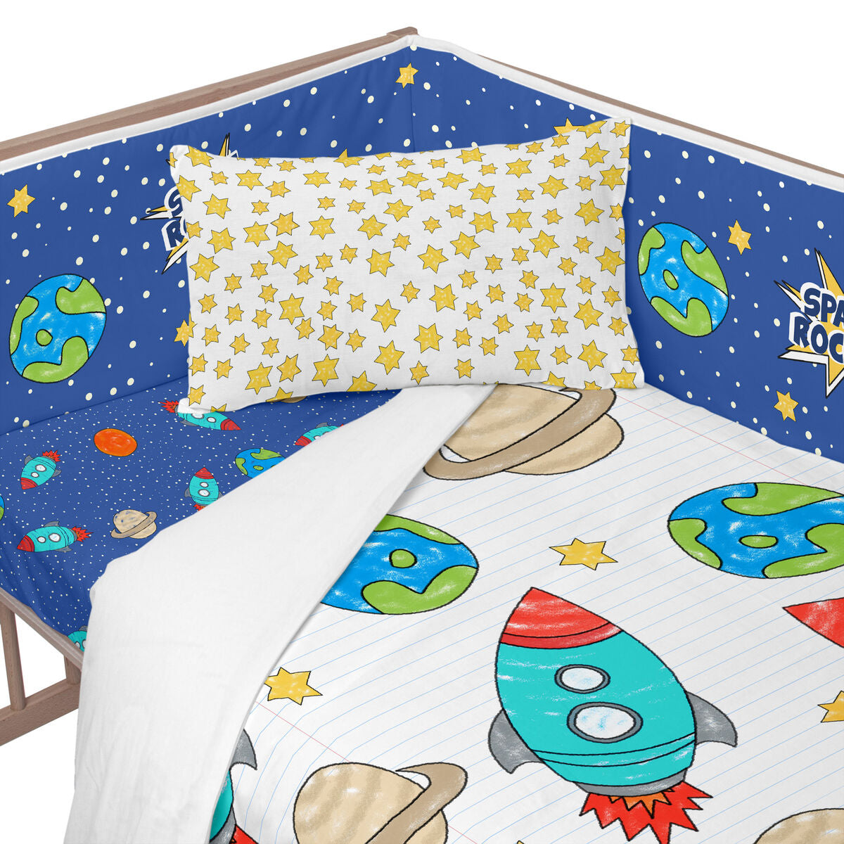 Skydd till spjälsäng HappyFriday Mr Fox Space rocket Multicolour 210 x 40 cm-Bebis, Sovrum-HappyFriday-peaceofhome.se