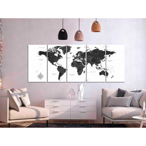 Tavla - Black and White Map (5 Parts) Narrow-Tavlor-Artgeist-peaceofhome.se