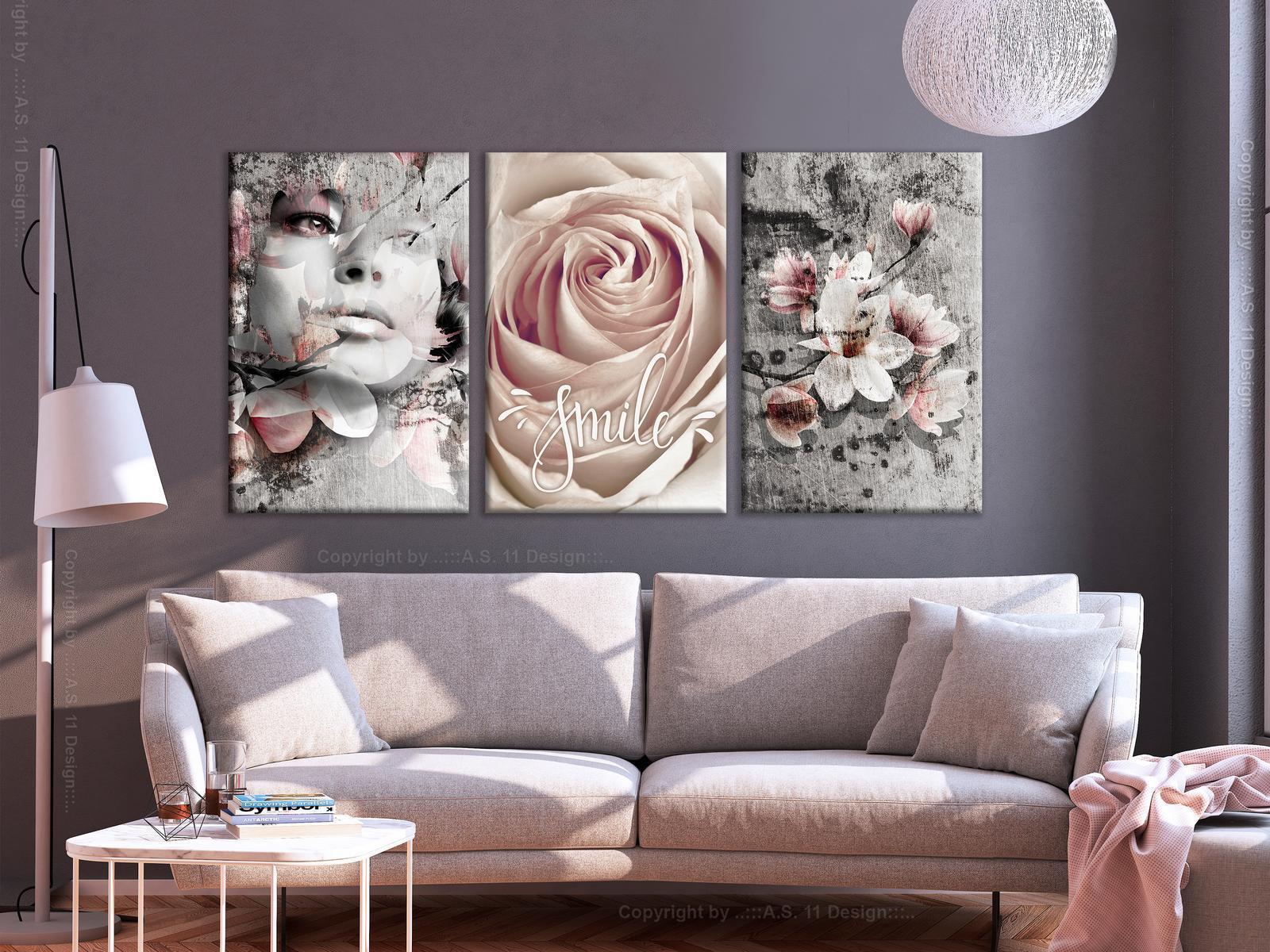 Tavla - Floral Smile (3 Parts)-Tavlor-Artgeist-Premium print-120x60-peaceofhome.se