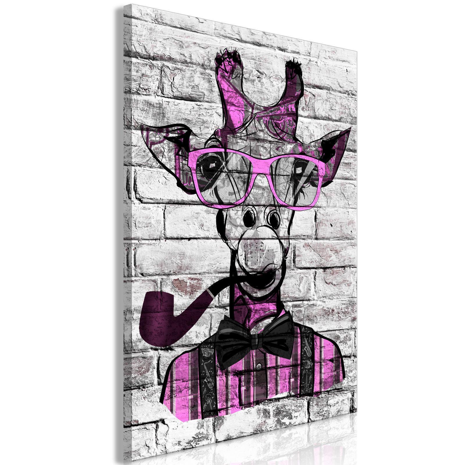 Tavla - Giraffe with Pipe (1 Part) Vertical Pink-Tavlor-Artgeist-peaceofhome.se