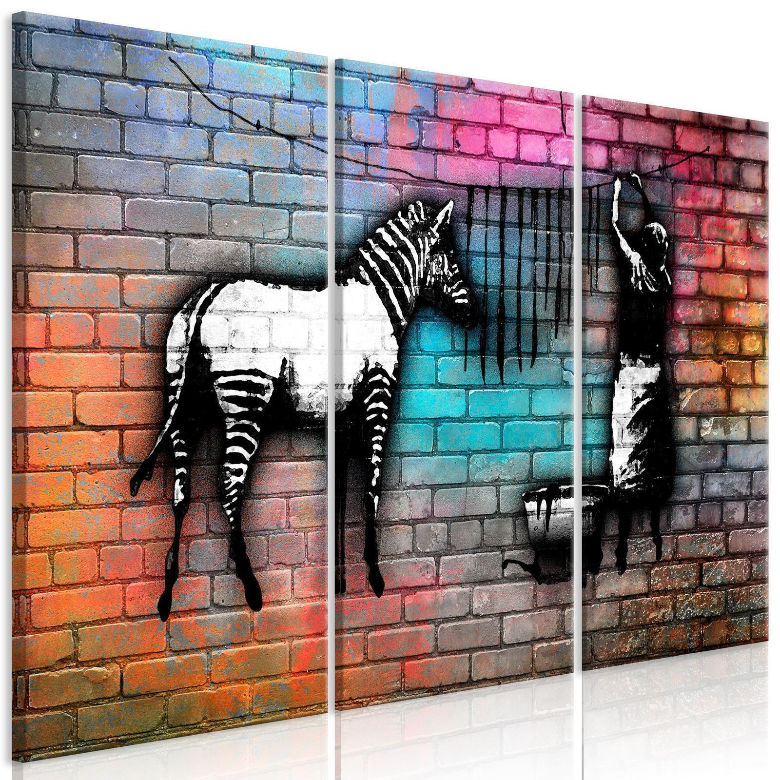 Tavla - Washing Zebra - Colourful Brick (3 Parts)-Tavlor-Artgeist-peaceofhome.se