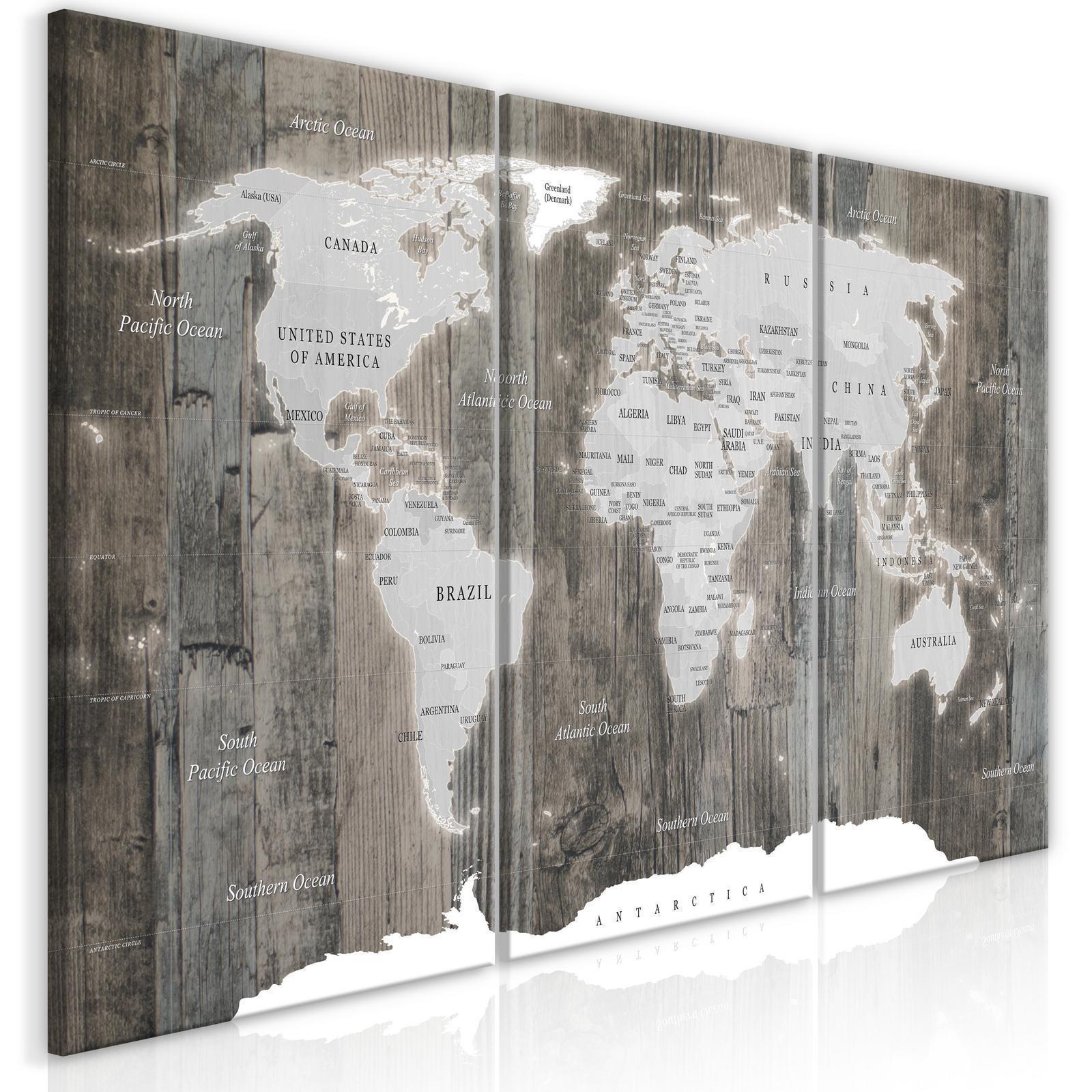 Tavla - World Map: Wooden World (3 Parts)-Tavlor-Artgeist-peaceofhome.se