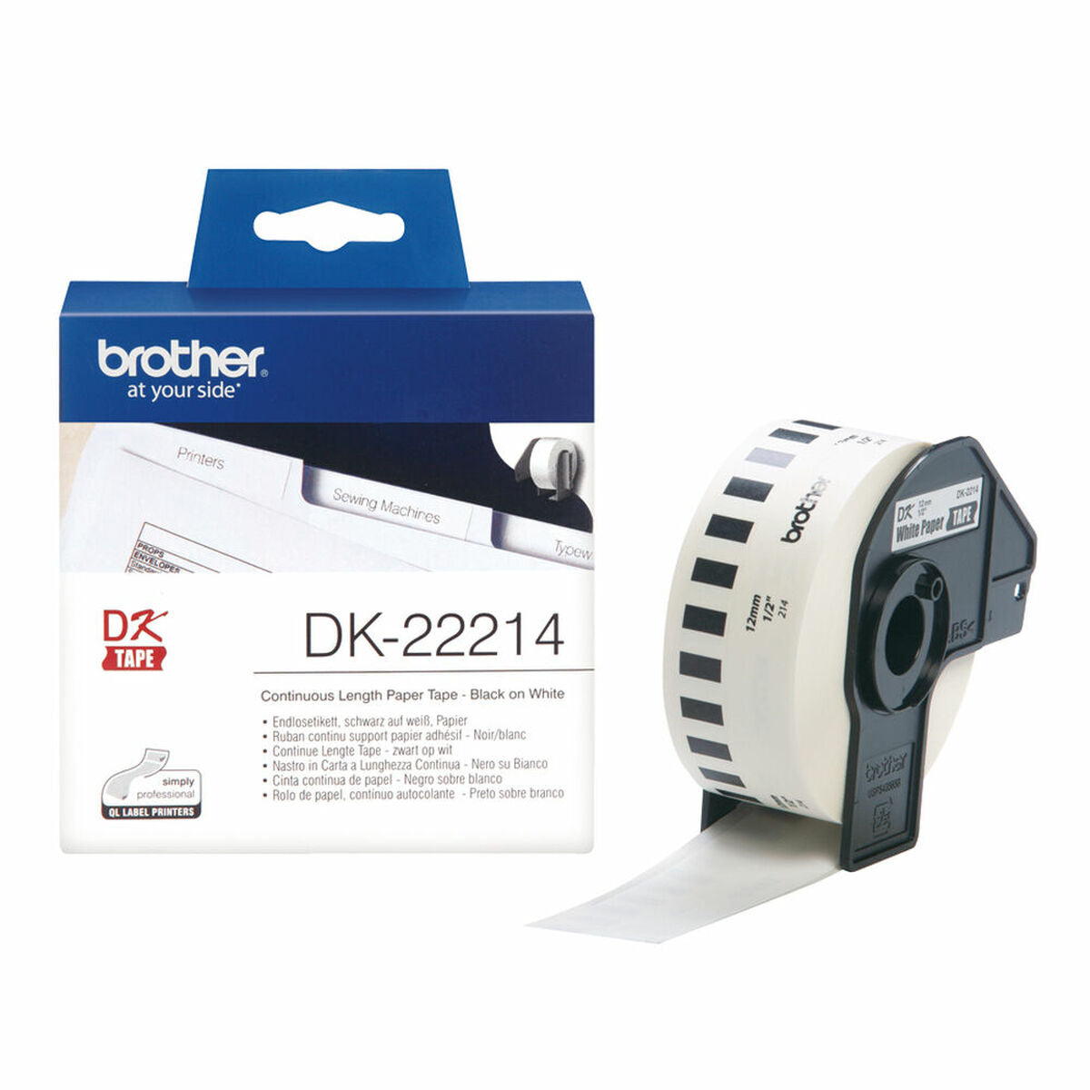 Termiskt papper, kontinuerligt Brother DK-22214 12 x 30,48 mm Svart Svart/Vit Vit-Kontor och Kontorsmaterial, Pappersprodukter för kontoret-Brother-peaceofhome.se