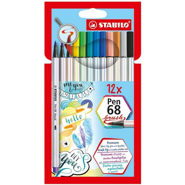 Tuschpennor Stabilo Pen 68 Brush 12 Delar Multicolour-Kontor och Kontorsmaterial, Kulspetspennor, pennor och skrivverktyg-Stabilo-peaceofhome.se