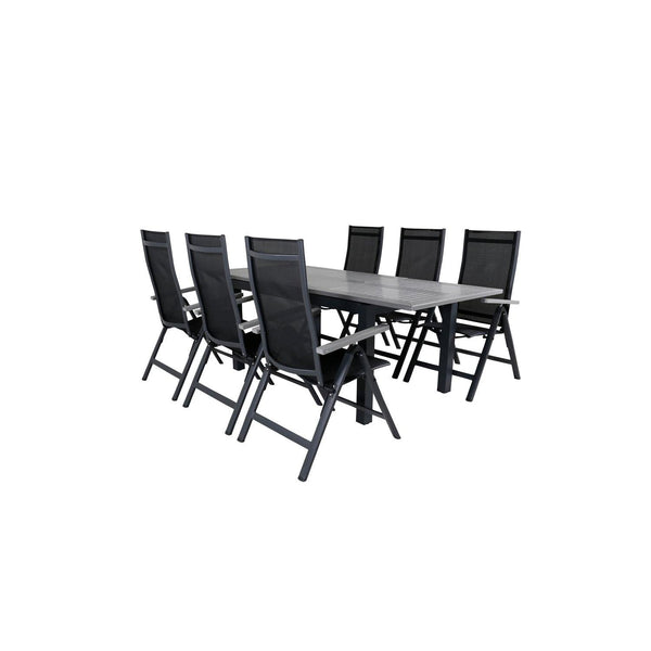 ALBANY Matbord 152/210x90 cm + 6 stolar - Svart/Grå | Utemöbler-Matgrupp Utomhus-Venture Home-peaceofhome.se