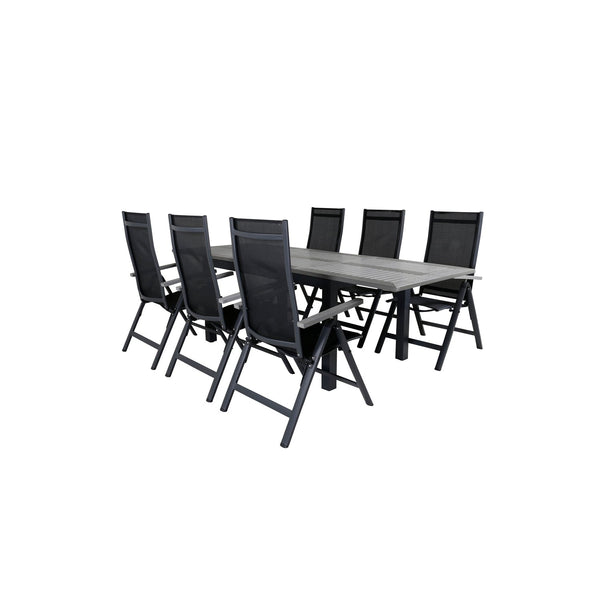 ALBANY Matbord 160/240x90 cm + 6 stolar - Svart/Grå | Utemöbler-Matgrupp Utomhus-Venture Home-peaceofhome.se