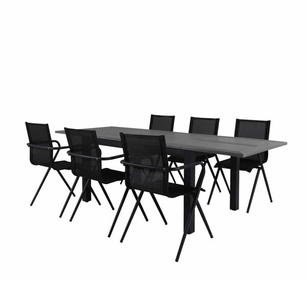ALINA ALBANY Matbord 152/210x90 cm + 6 stolar - Svart/Grå | Utemöbler-Matgrupp Utomhus-Venture Home-peaceofhome.se